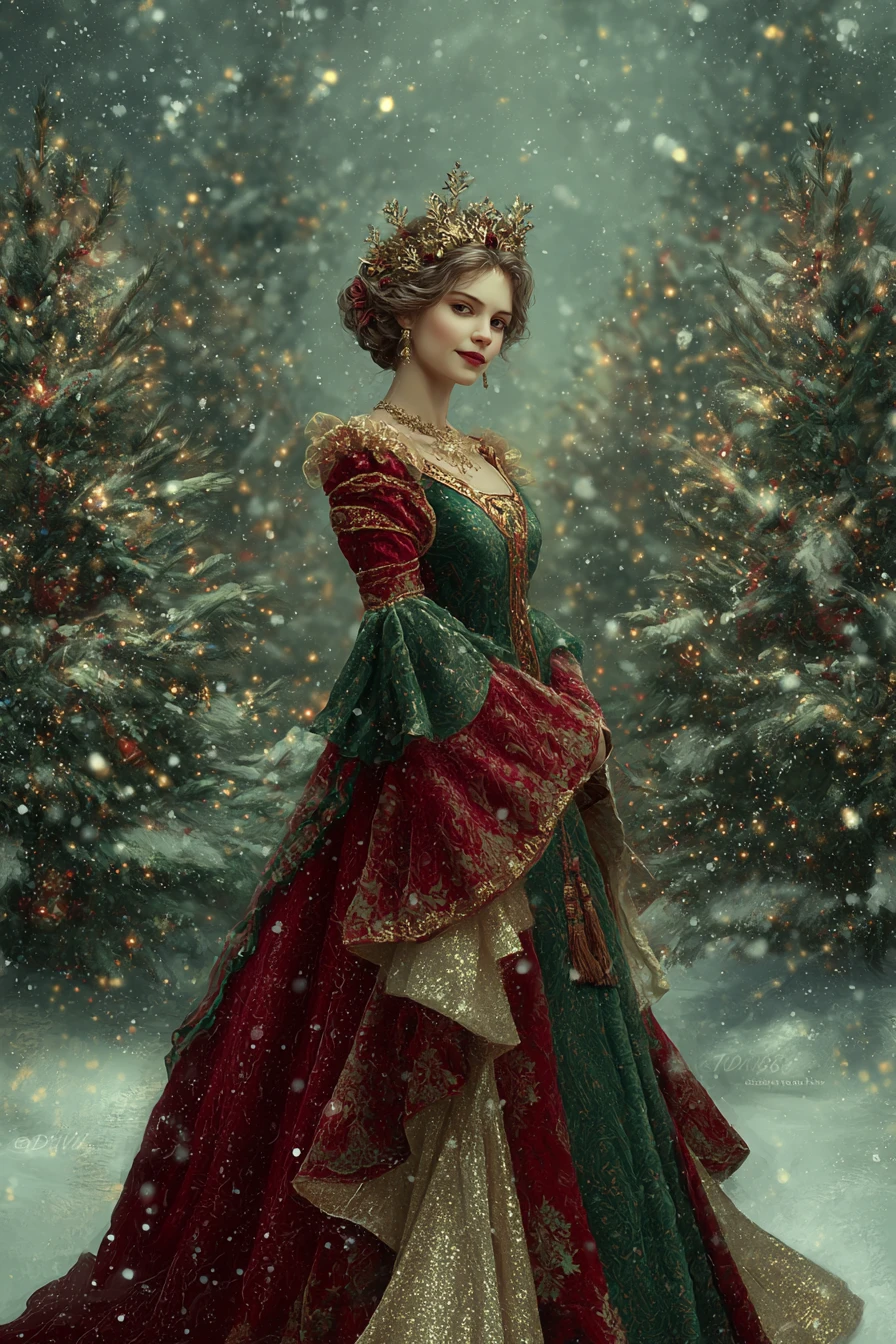 雪中聖誕森林裡身穿紅色禮服的優雅女士
