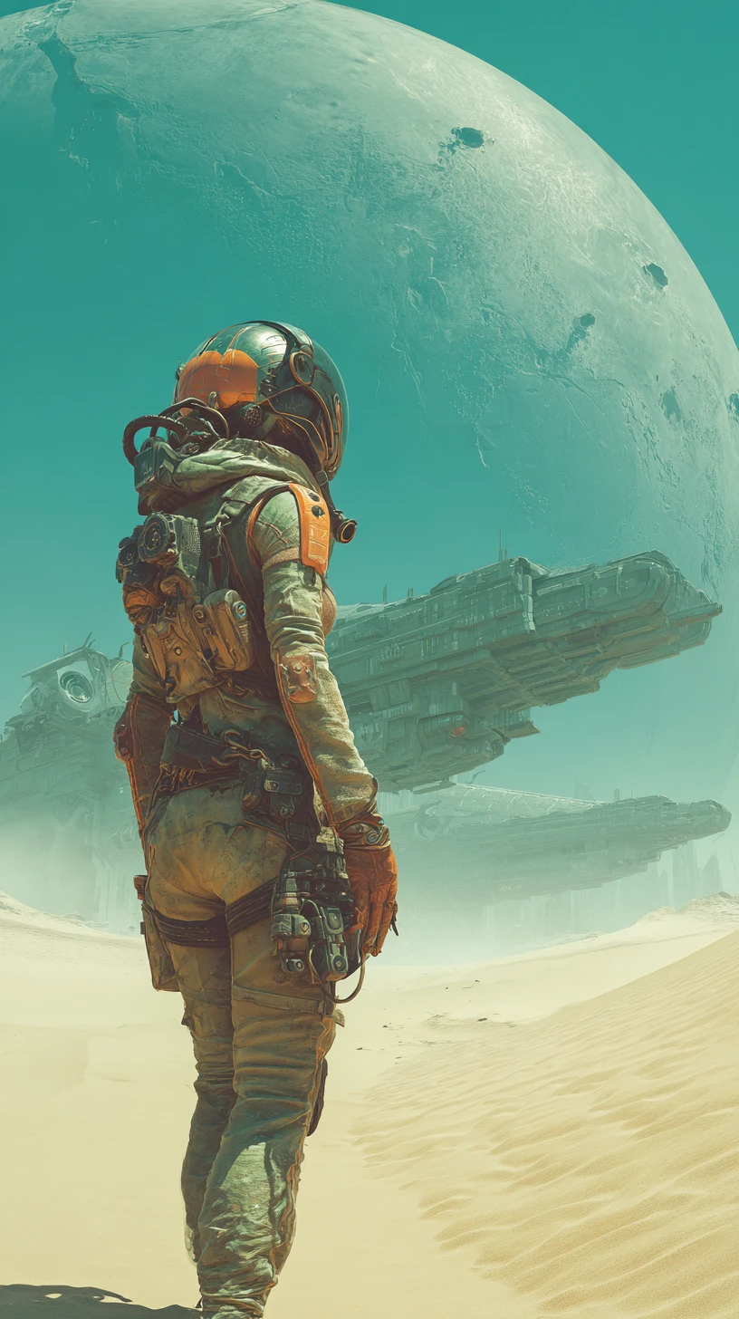 Heroic woman in sci fi desert suit on alien dunes