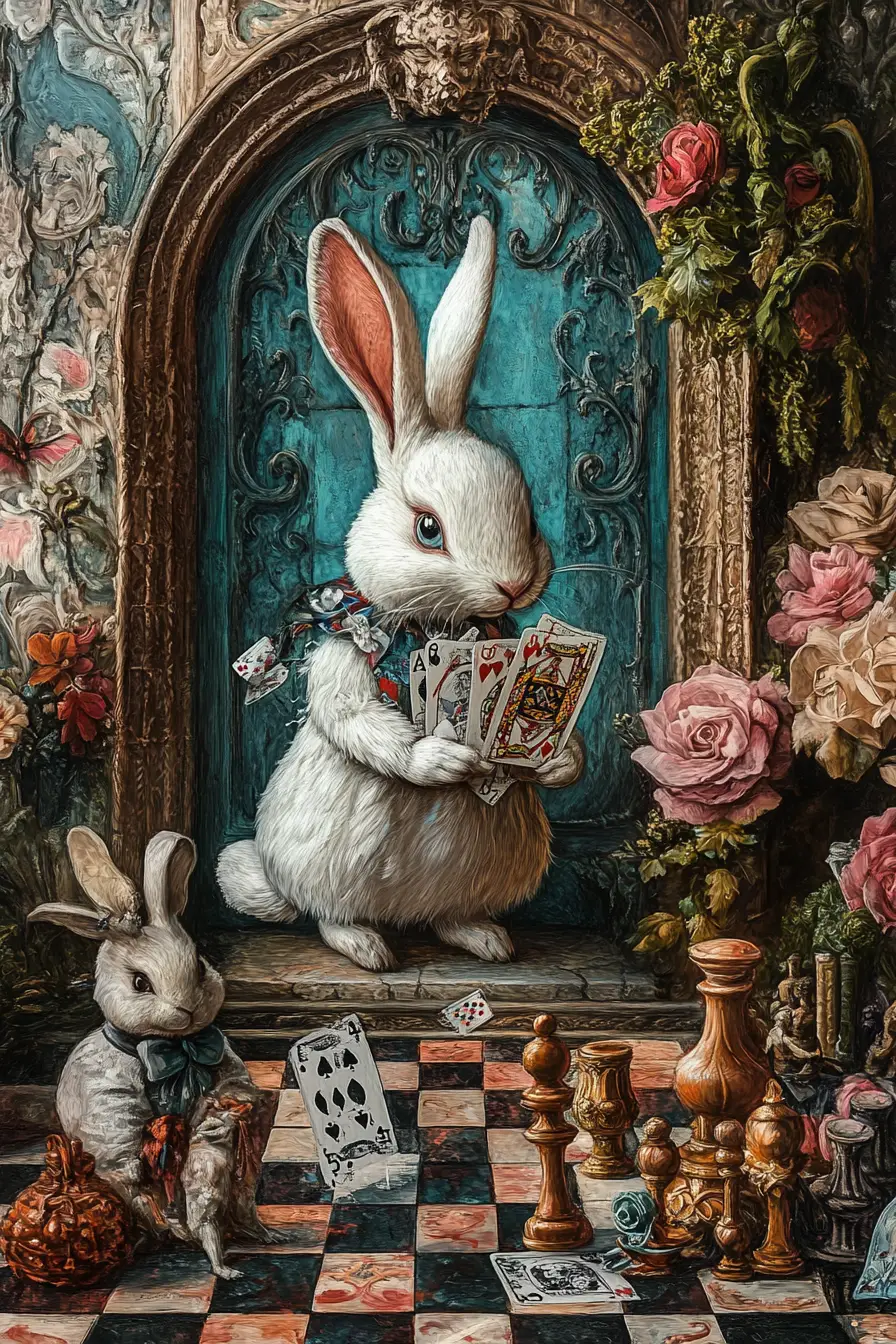 Surreal white rabbit in a dramatic baroque fantasy scene