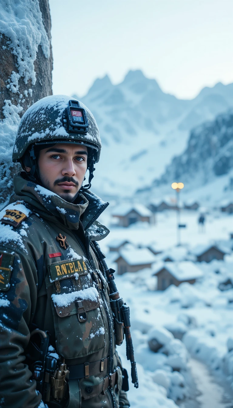 Soldier standing guard at snowy mountain border post
