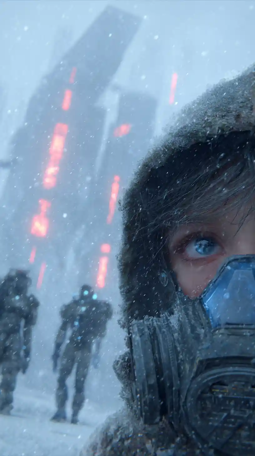 Lonely boy in respirator in frozen futuristic city street