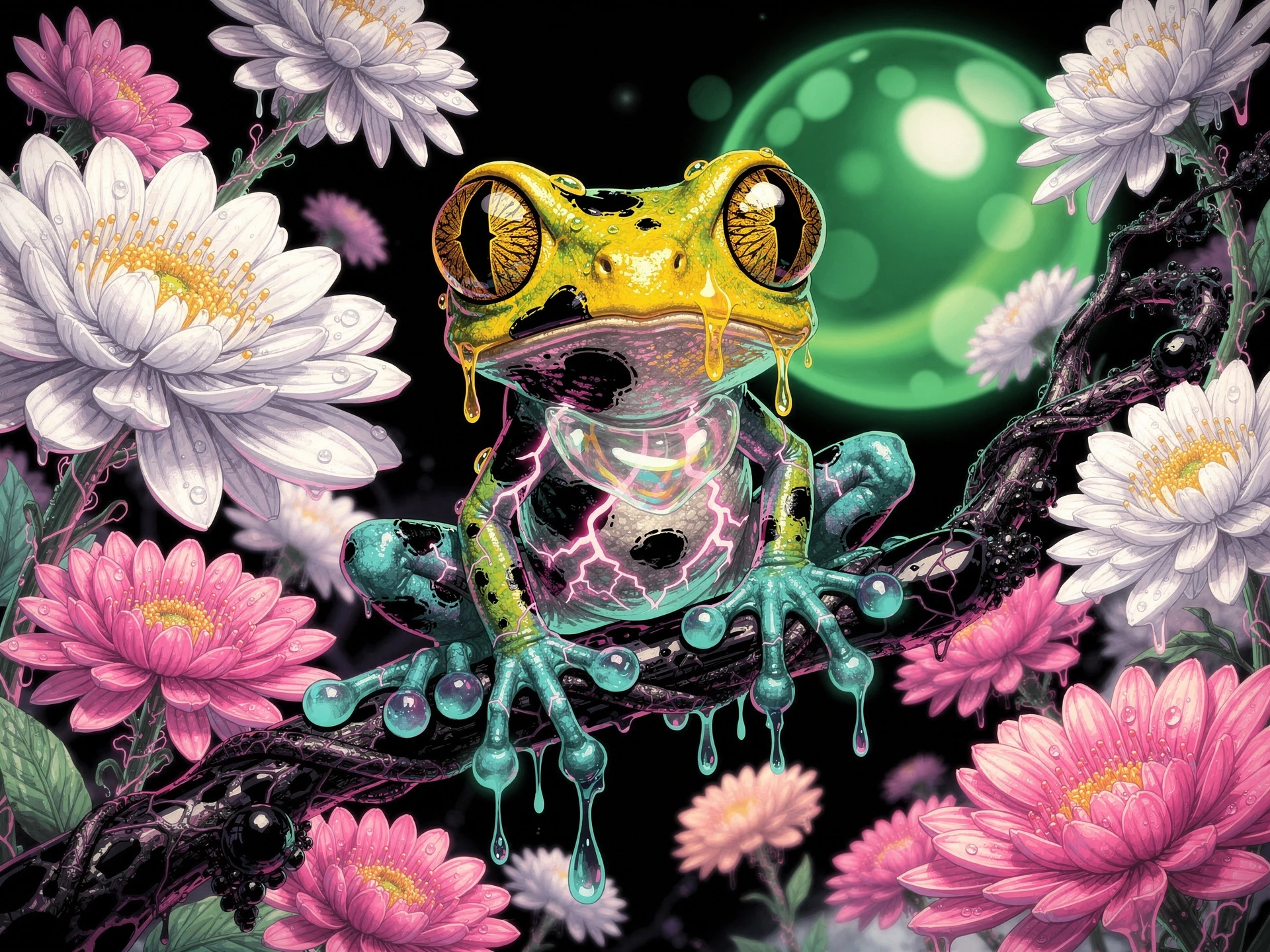 Psychedelic neon tree frog on floating dark branch