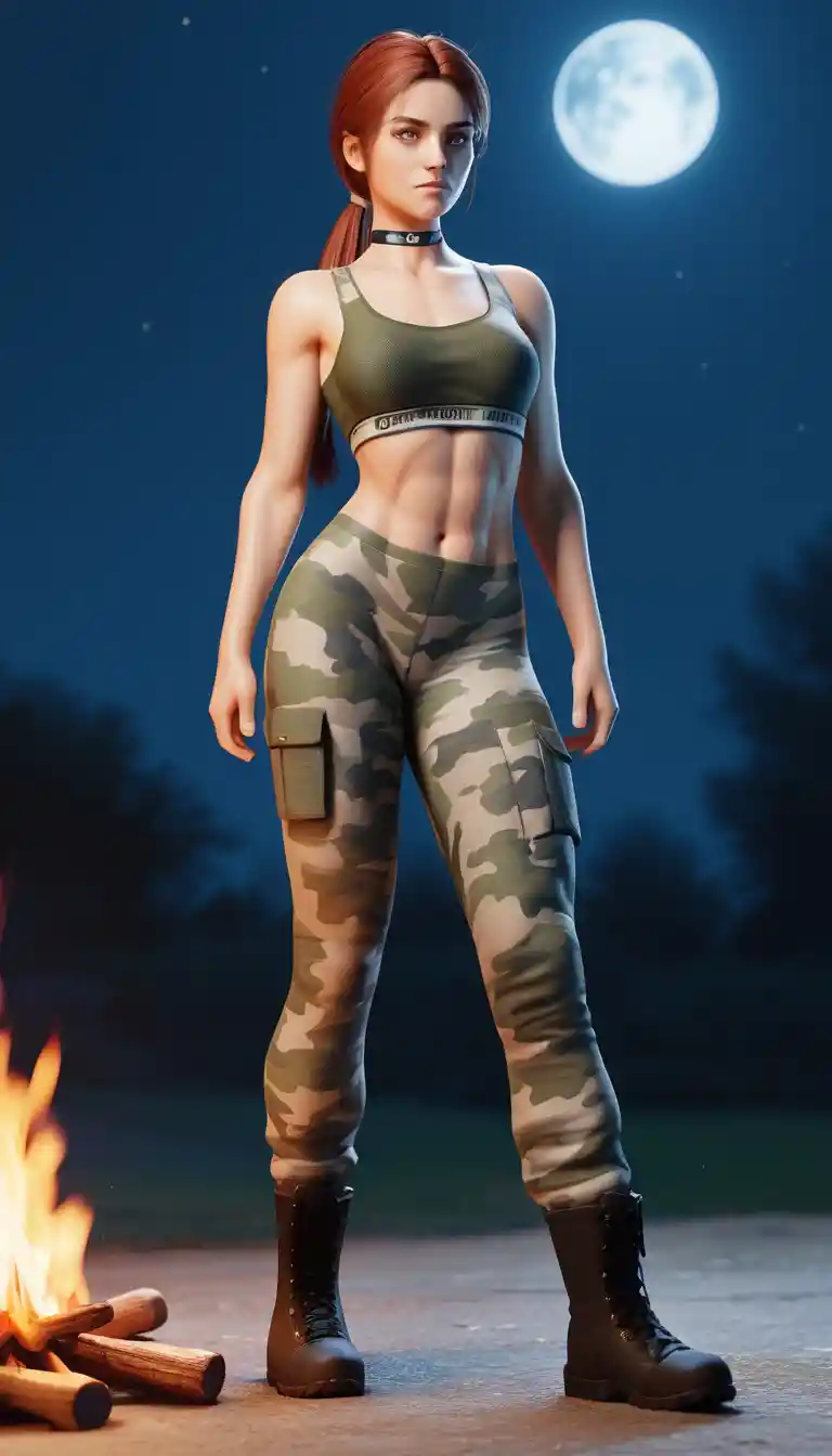 Athletic moonlit huntress by a campfire in the forest