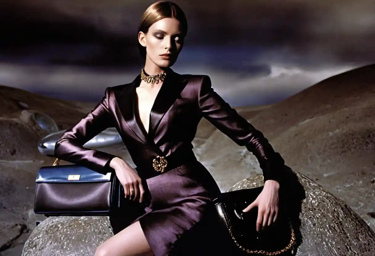 Fashion model in black outfit posing with luxury handbag