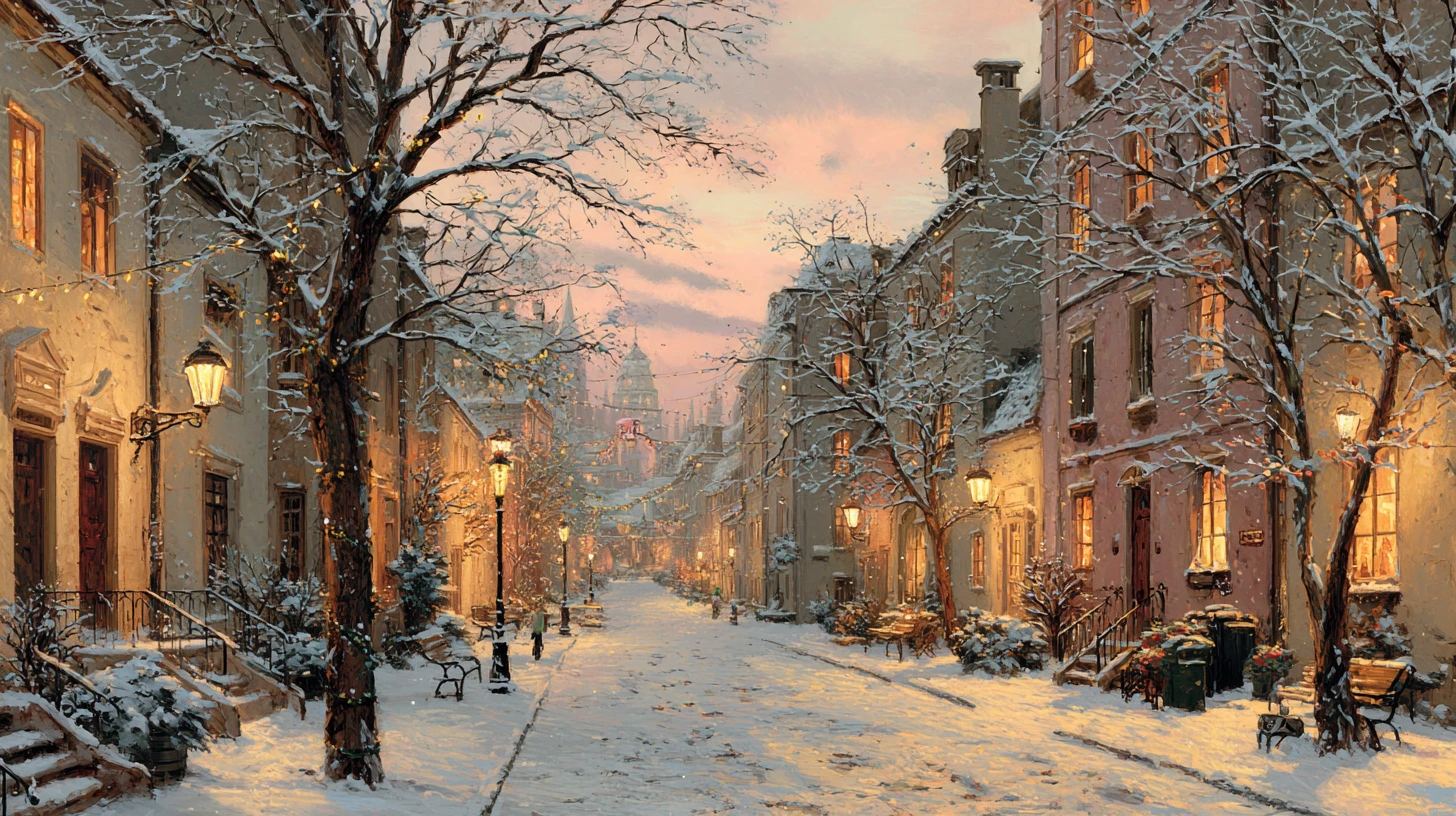 Quiet snow covered town street with glowing windows