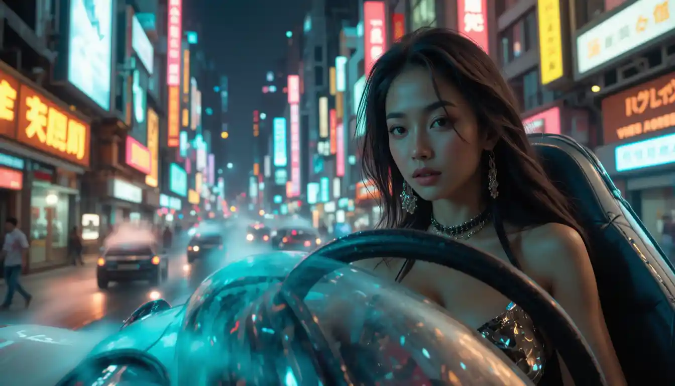 Woman piloting a futuristic hovercraft in neon city