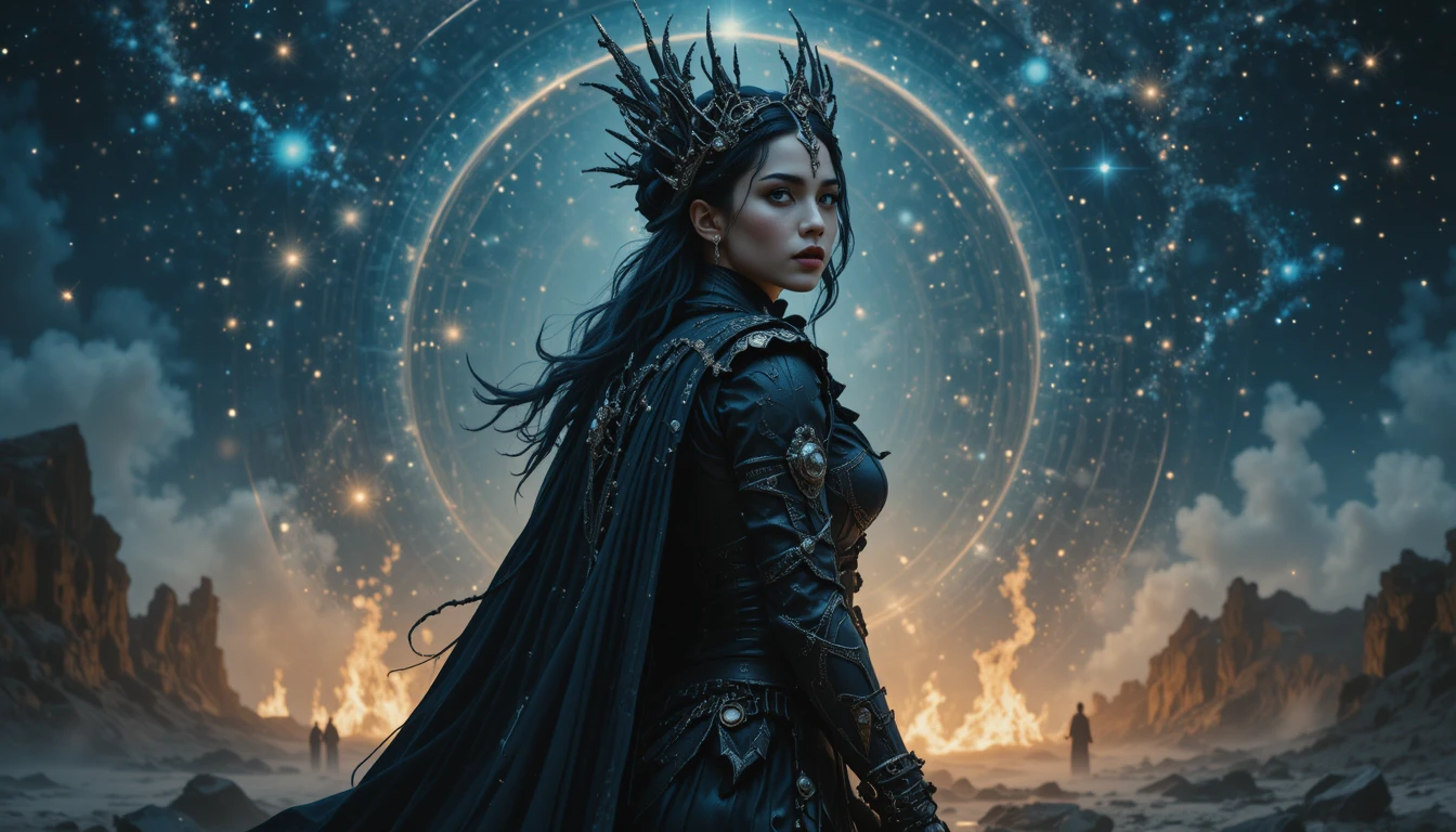 Gothic sci fi queen beneath a cosmic starlit sky