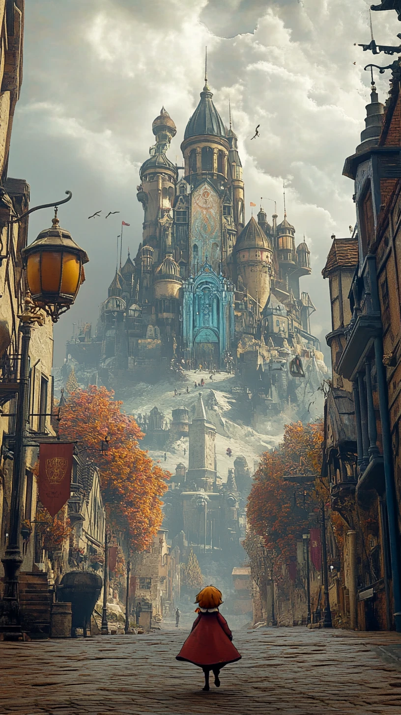 Verspielte Fantasy-Stadt mit goldenem Eispalast und Wandteppich