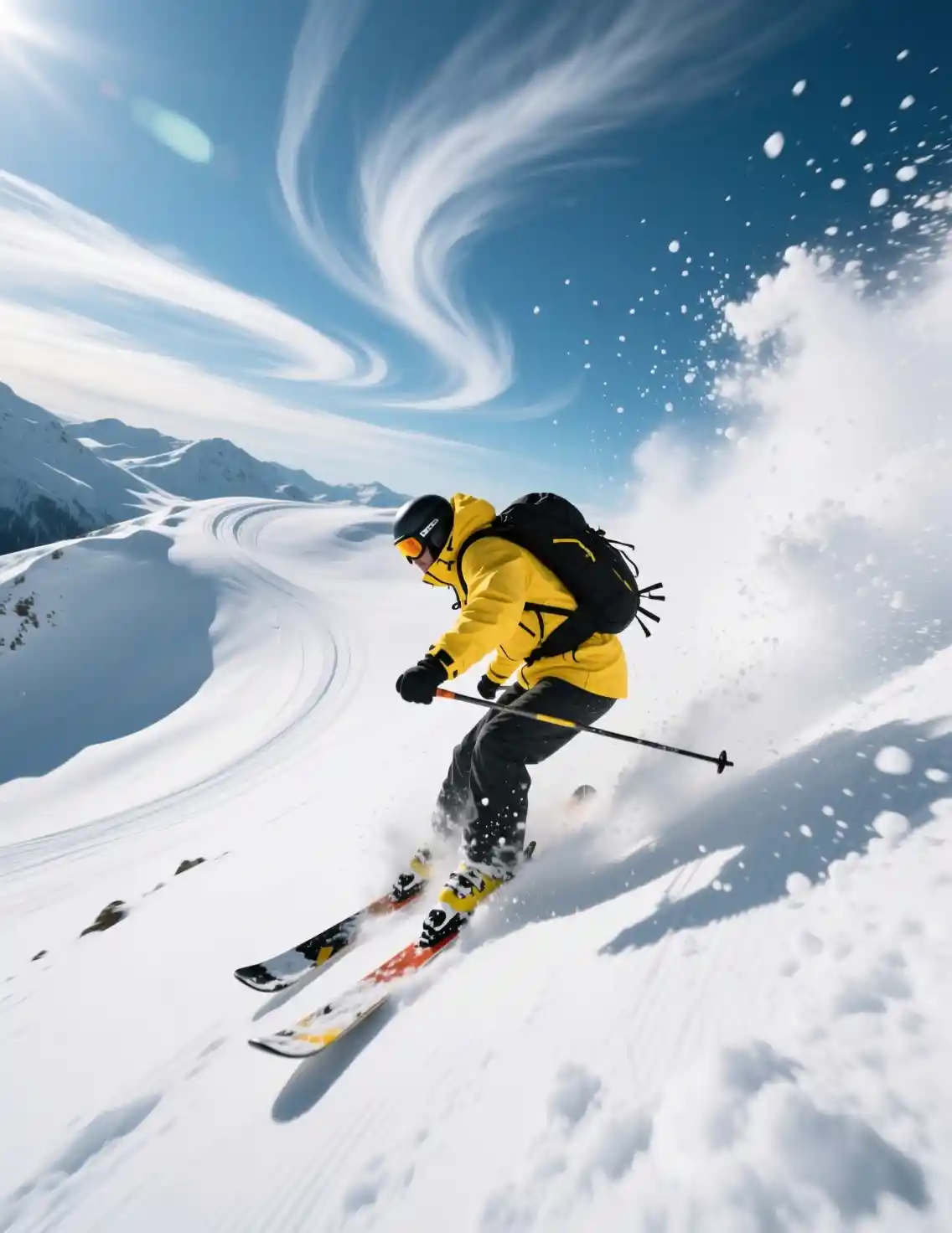 Skieur en vue à la première personne dévalant rapidement une montagne enneigée ouverte