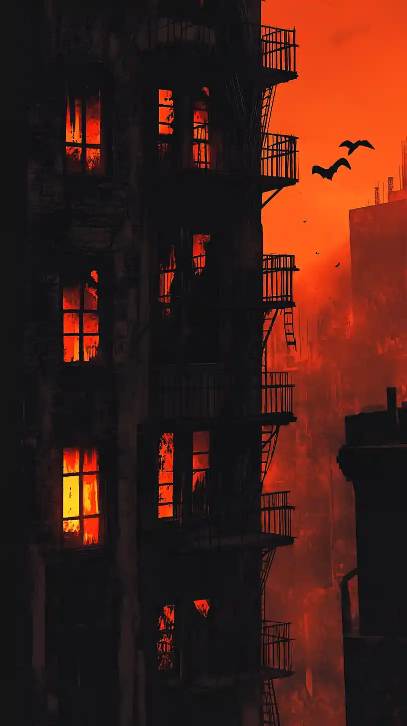 Apartment facade in orange fog with glowing red windows