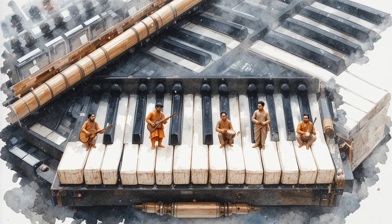 Aquarell-Nahaufnahme von Harmonium-Tasten mit winzigen Musikern