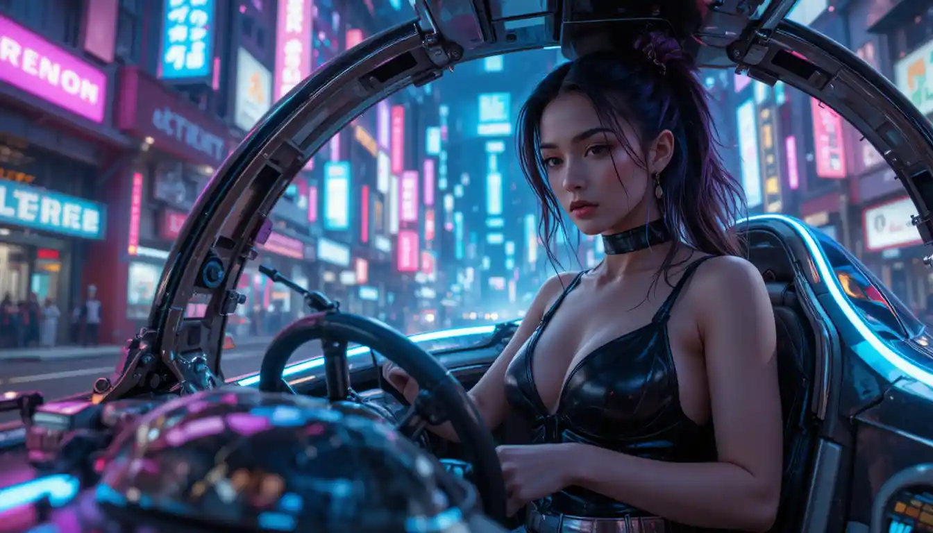 Woman piloting a futuristic hovercraft in neon cyberpunk city