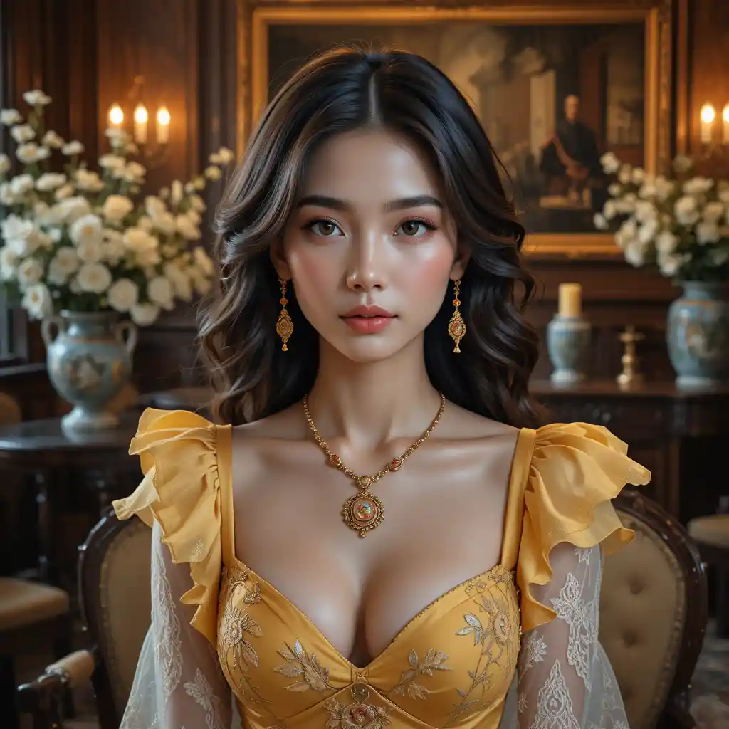 Young woman in yellow dress in ornate vintage interior