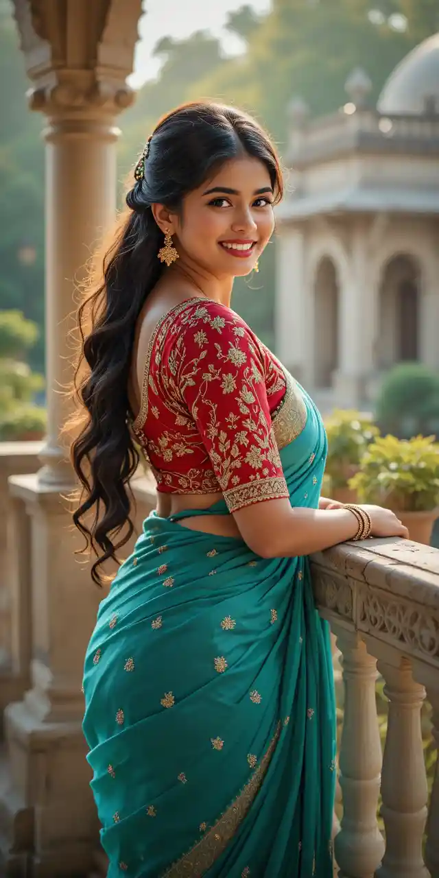 Smiling Indian woman in teal saree on ornate balcony