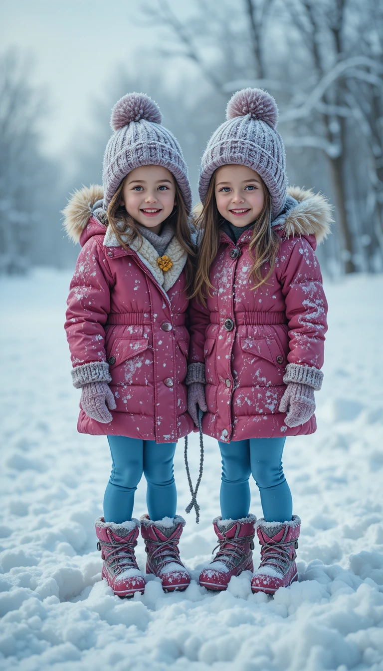 年幼女孩在寒冷雪景中相互依偎發抖