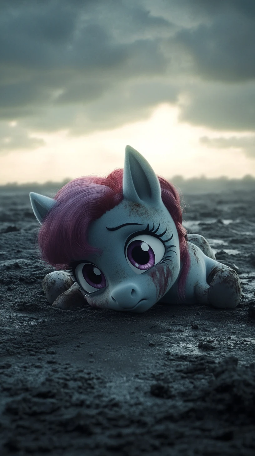 Ragazza pony anime traumatizzata distesa in una landa desolata
