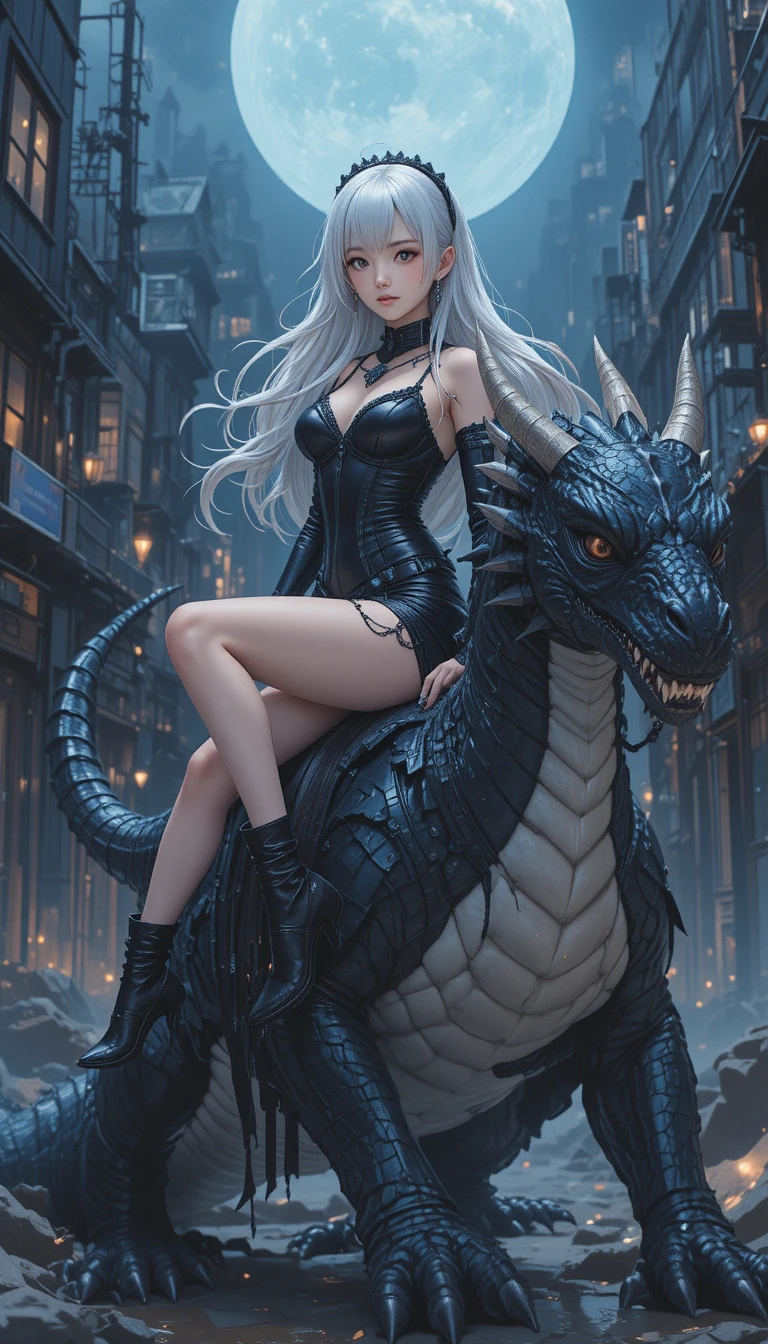Ragazza anime dai capelli bianchi che cavalca un drago sopra le luci della città