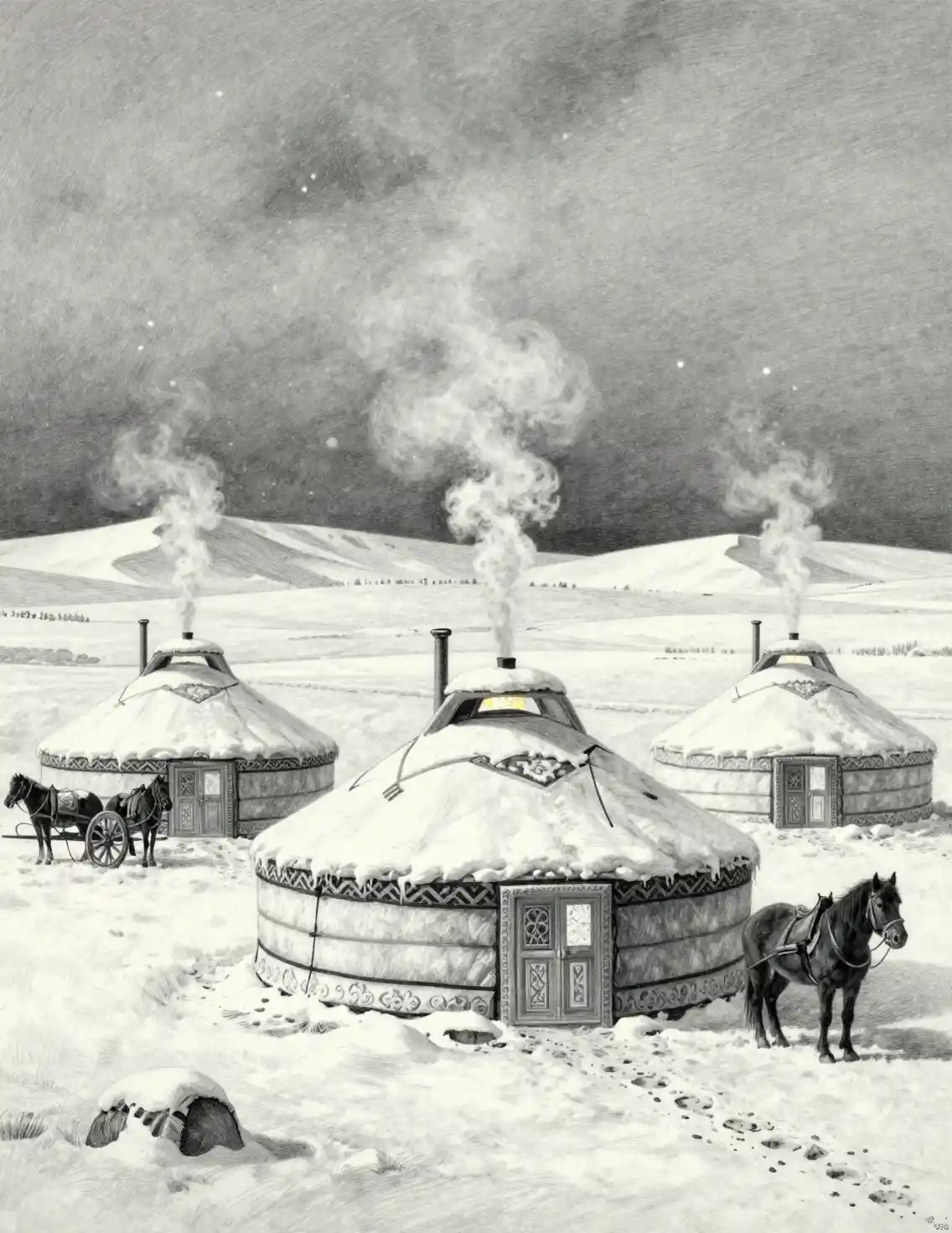 Mongolische Jurten auf einer friedlichen verschneiten Wintersteppe