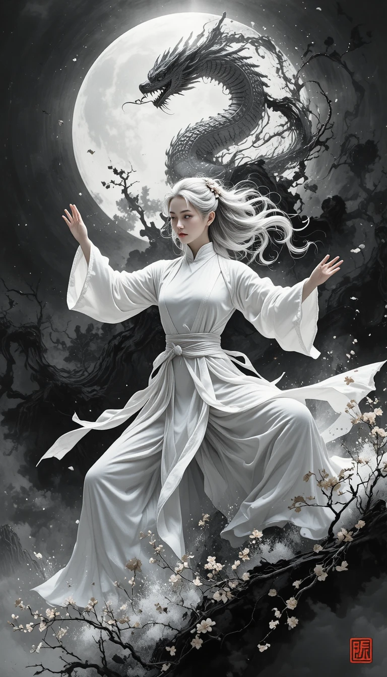 銀髮女子太極姿勢與旋繞墨跡