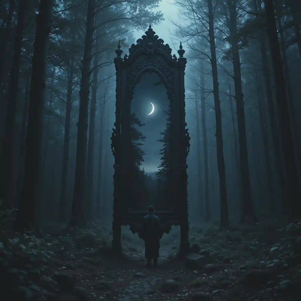 高聳森林鏡映照陰鬱夜色景觀