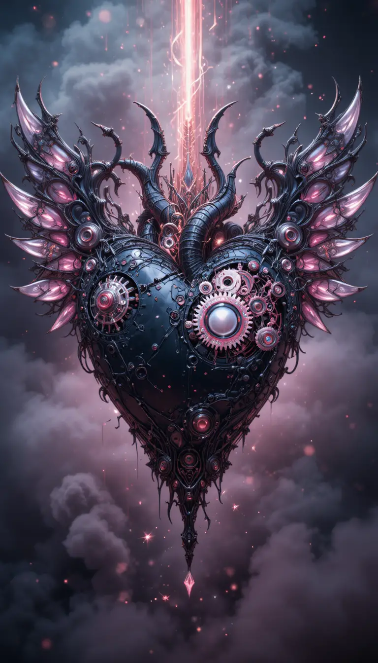 Mechanical black heart with wings and glowing gears
