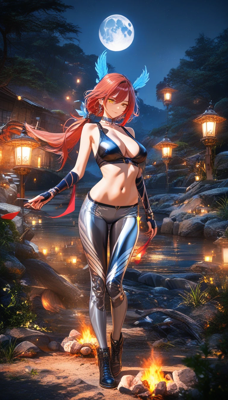 Moonlit huntress archer by a campfire in the forest