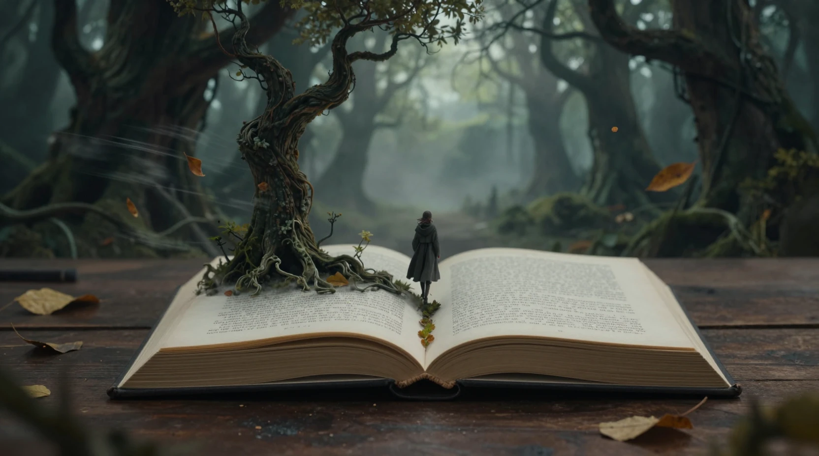 Floresta Encantada Surgindo de um Livro Aberto sobre a Mesa