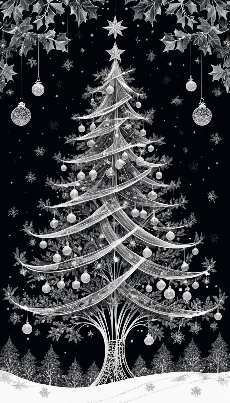 Ink Christmas tree in a whimsical winter wonderland scene