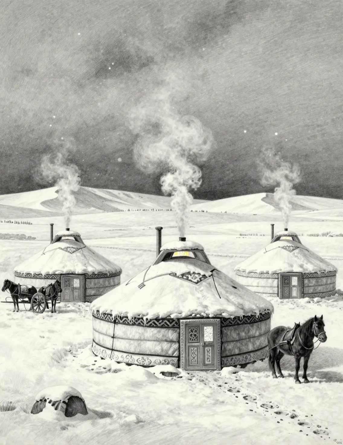Mongolian Yurts On A Peaceful Snowy Winter Steppe