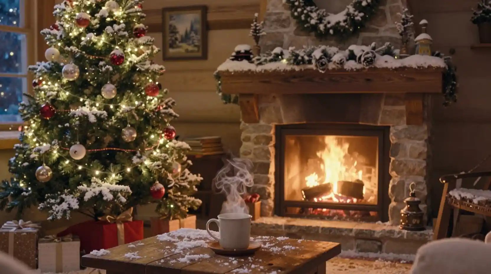 Cozy Snowy Cottage Interior With Warm Christmas Fireplace