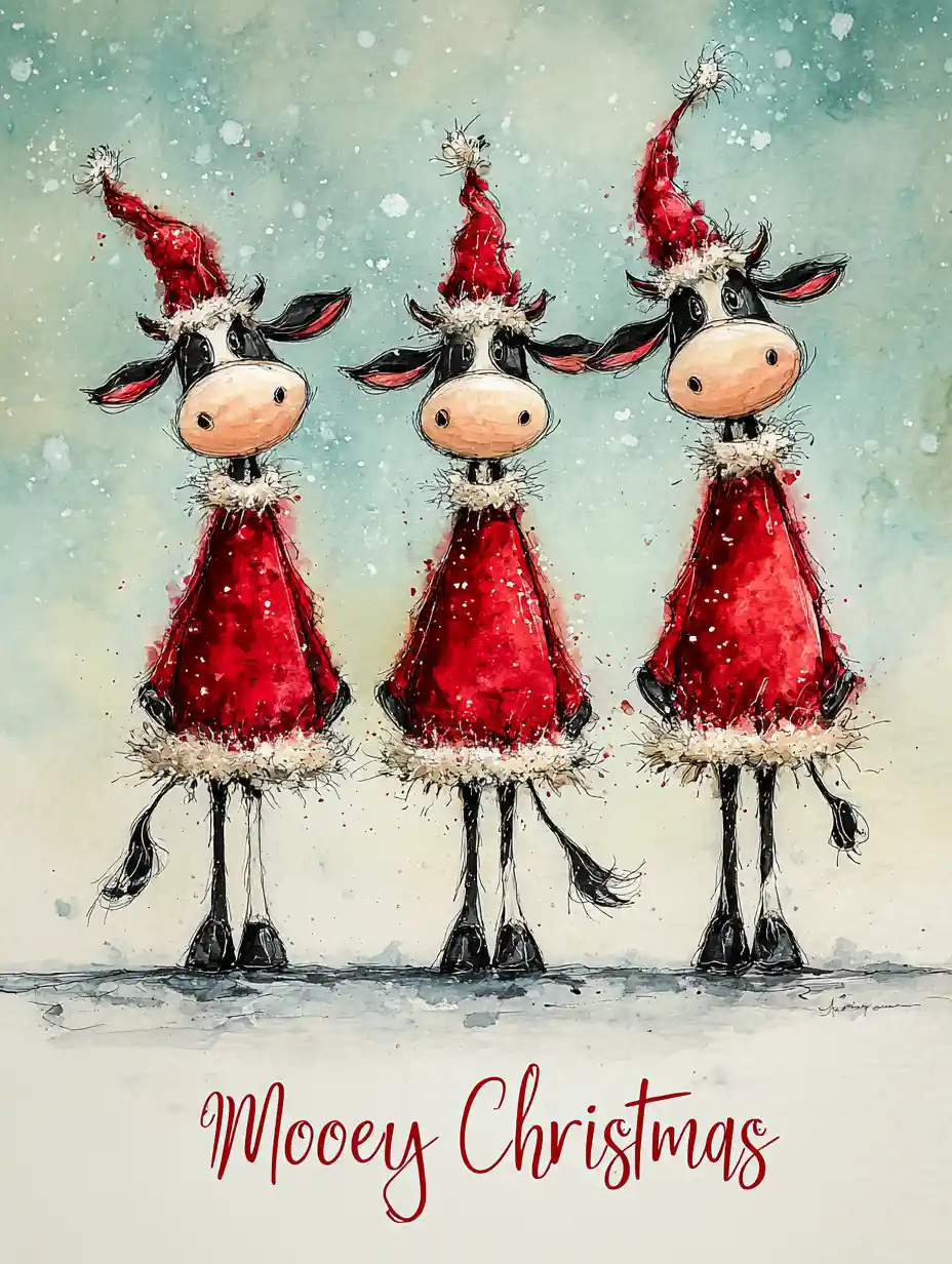 Joyful Christmas cows on ice with swirling snowflakes