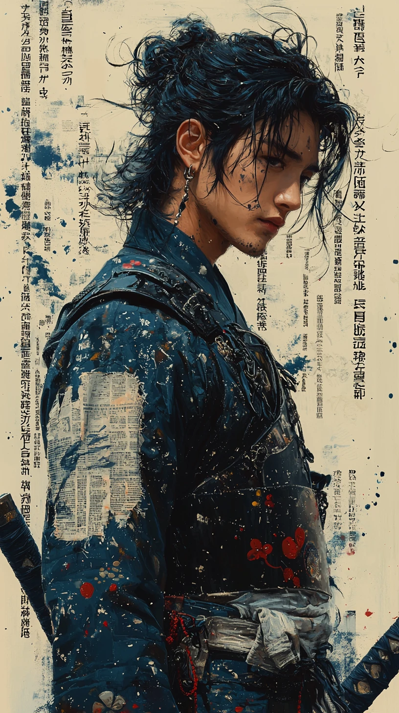 Anime soldier in blue uniform with katana and bold text