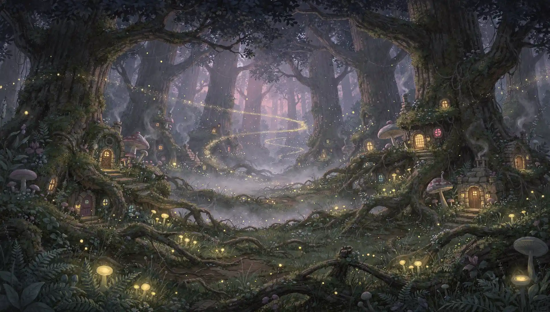 Enchanted Twilight Forest With Glowing Fireflies And Fairy Homes