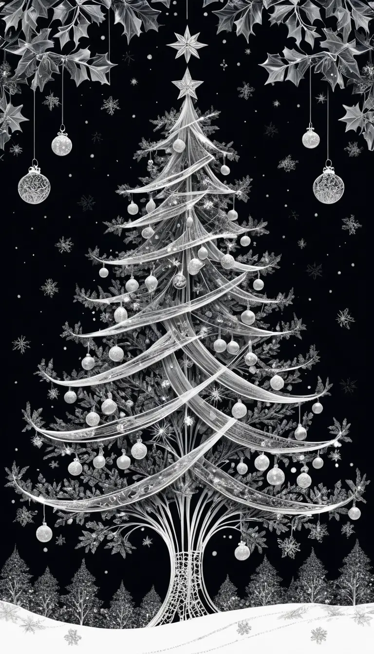 Ink Christmas tree in a whimsical winter wonderland scene