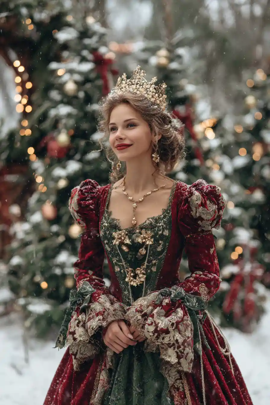 Elegante Dame im roten Kleid im verschneiten Weihnachtswald