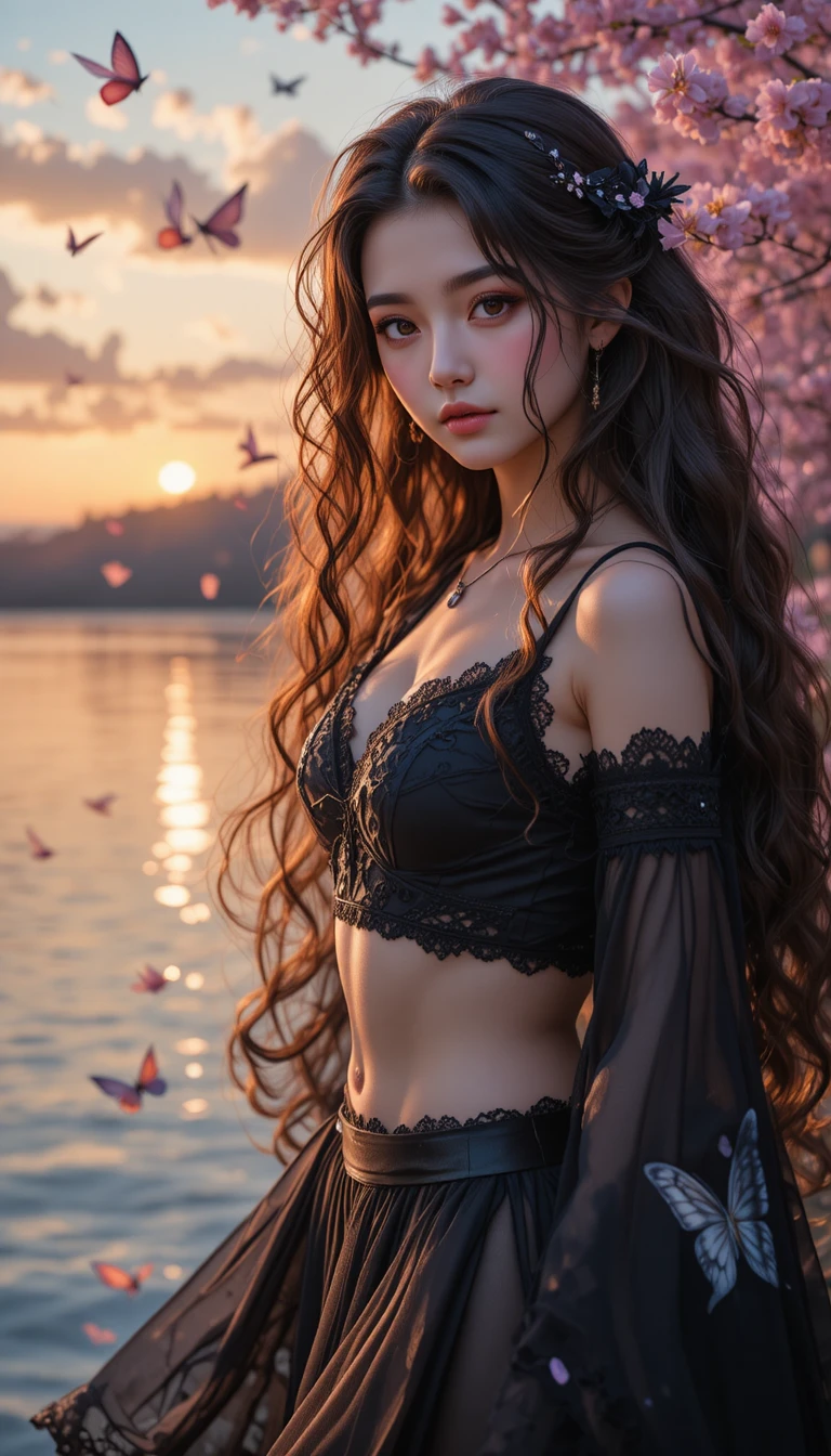 Girl with long curly hair by the waterside at sunrise