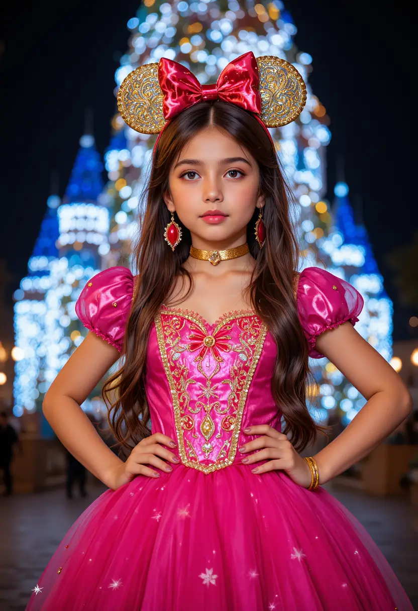 Tween boy dressed as girl by Disneyland Christmas tree
