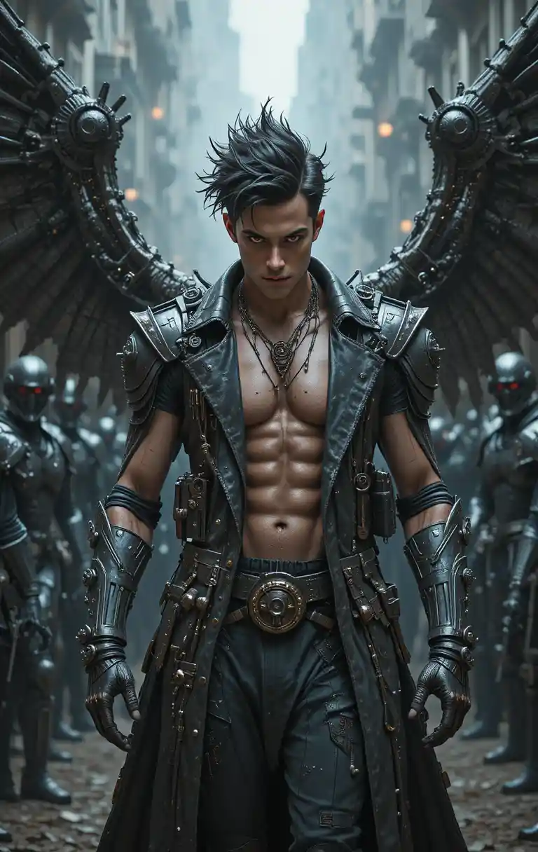 Steampunk warrior with glowing eyes and mechanical wings