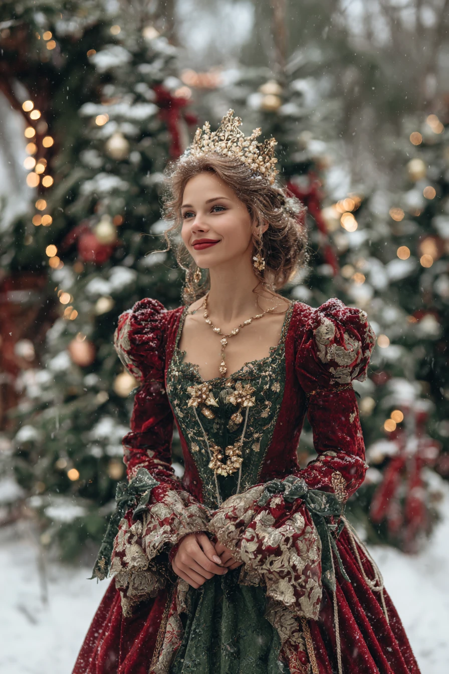 雪景聖誕森林中的紅色禮服優雅女士