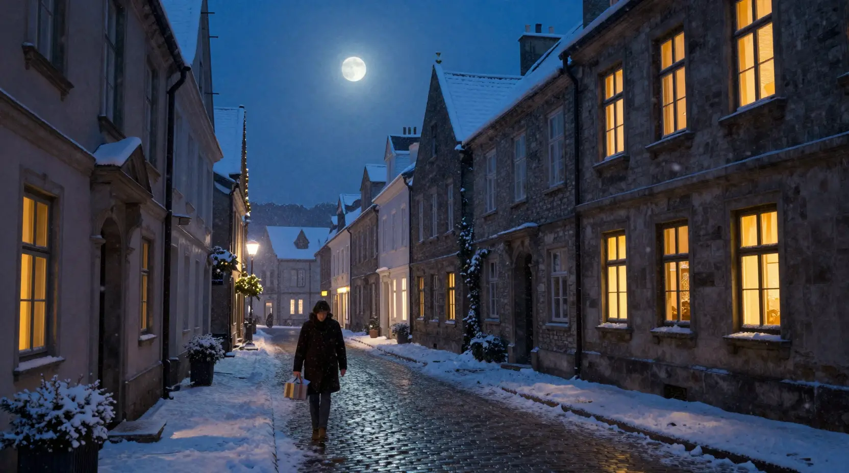 Moonlit european street with falling christmas snow