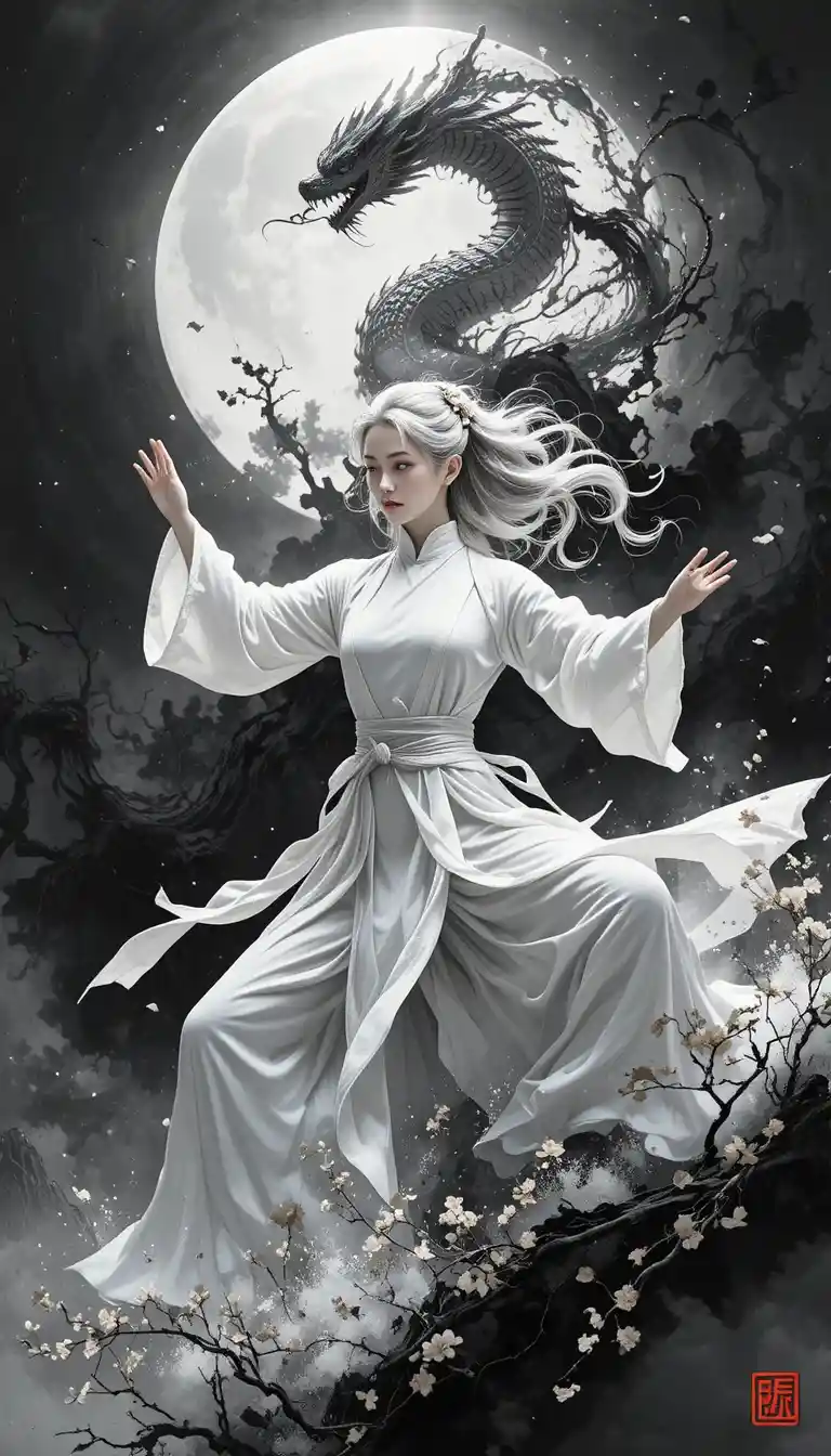 Silver haired woman in tai chi pose with swirling ink