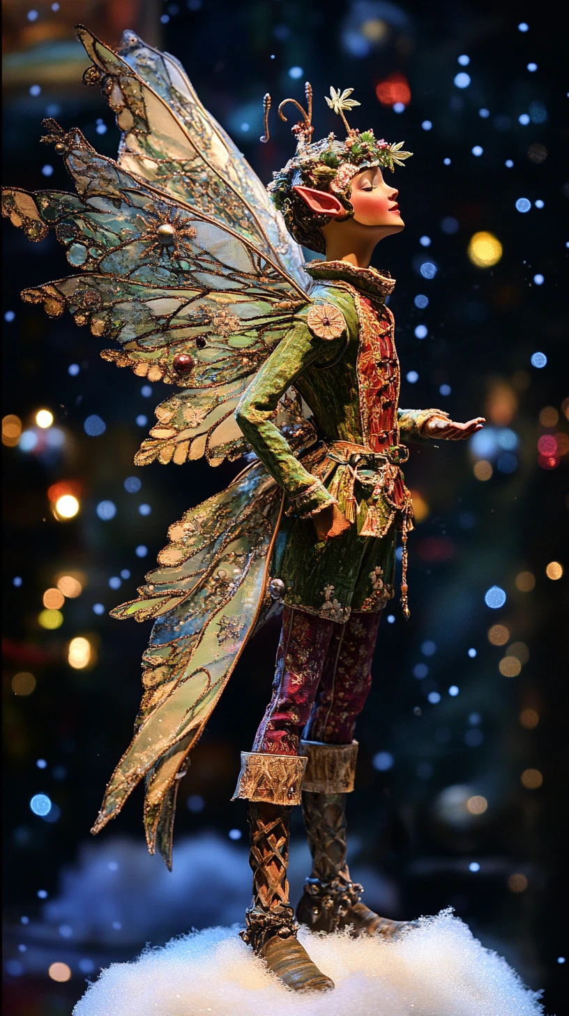 Lutin de Noël victorien sous lumière noire dans la neige tombante