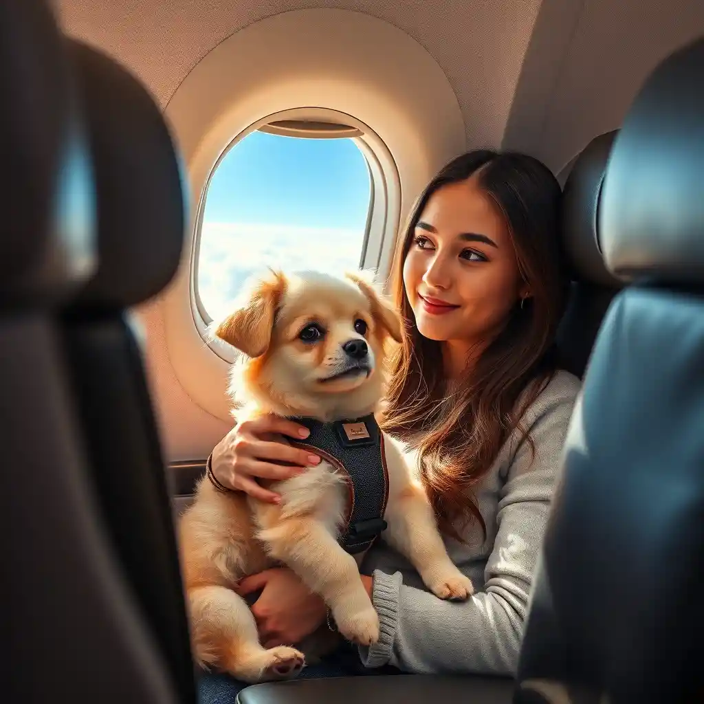 Small dog on airplane window seat with young woman