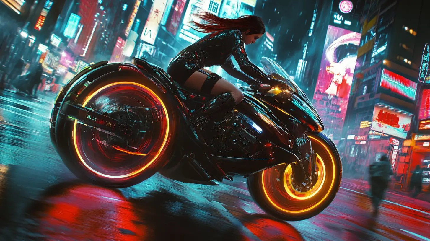Woman racing a hovercraft through neon cyberpunk streets