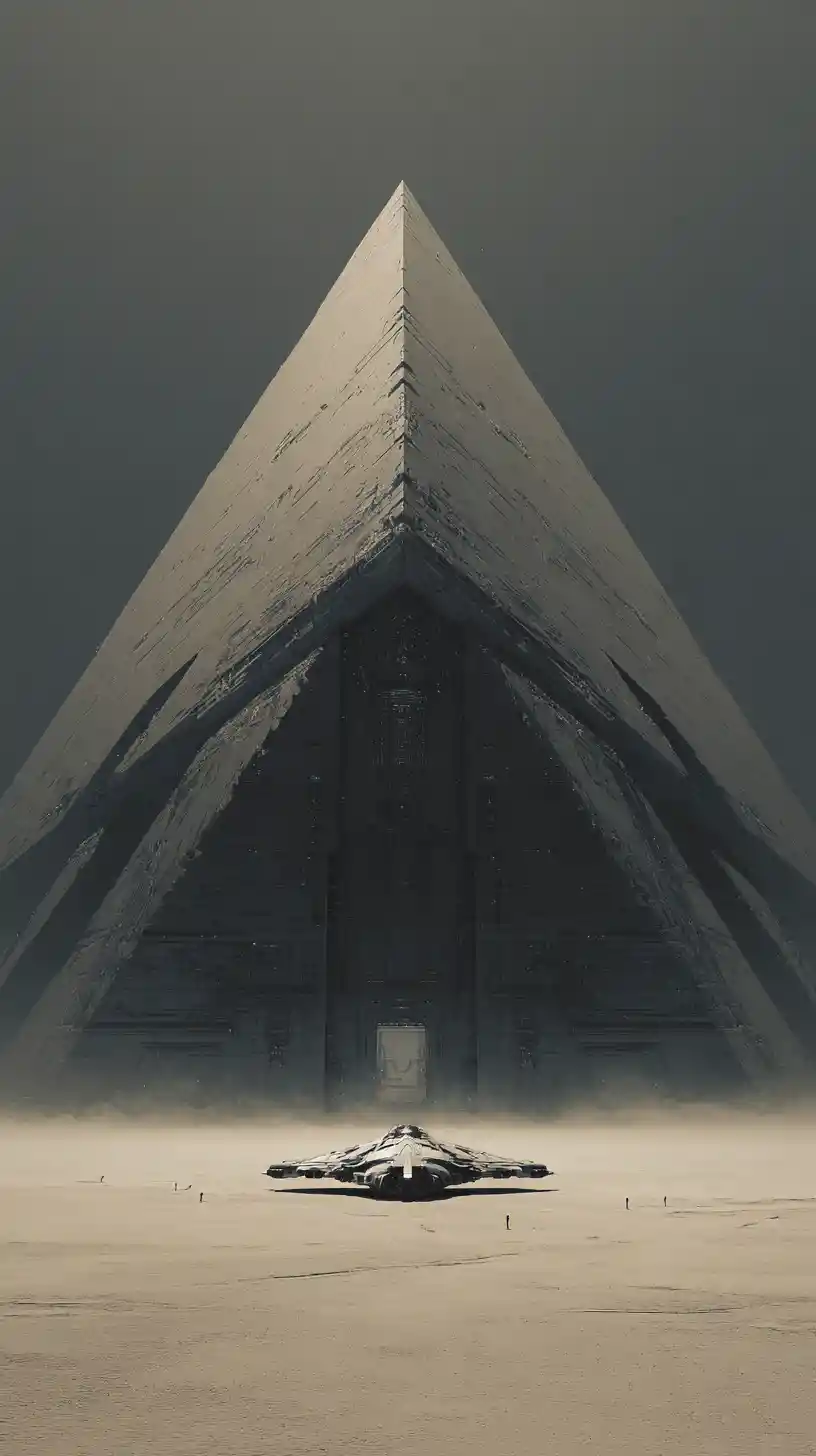 Massive brutalistische Pyramide, die aus einer kargen Wüste aufragt