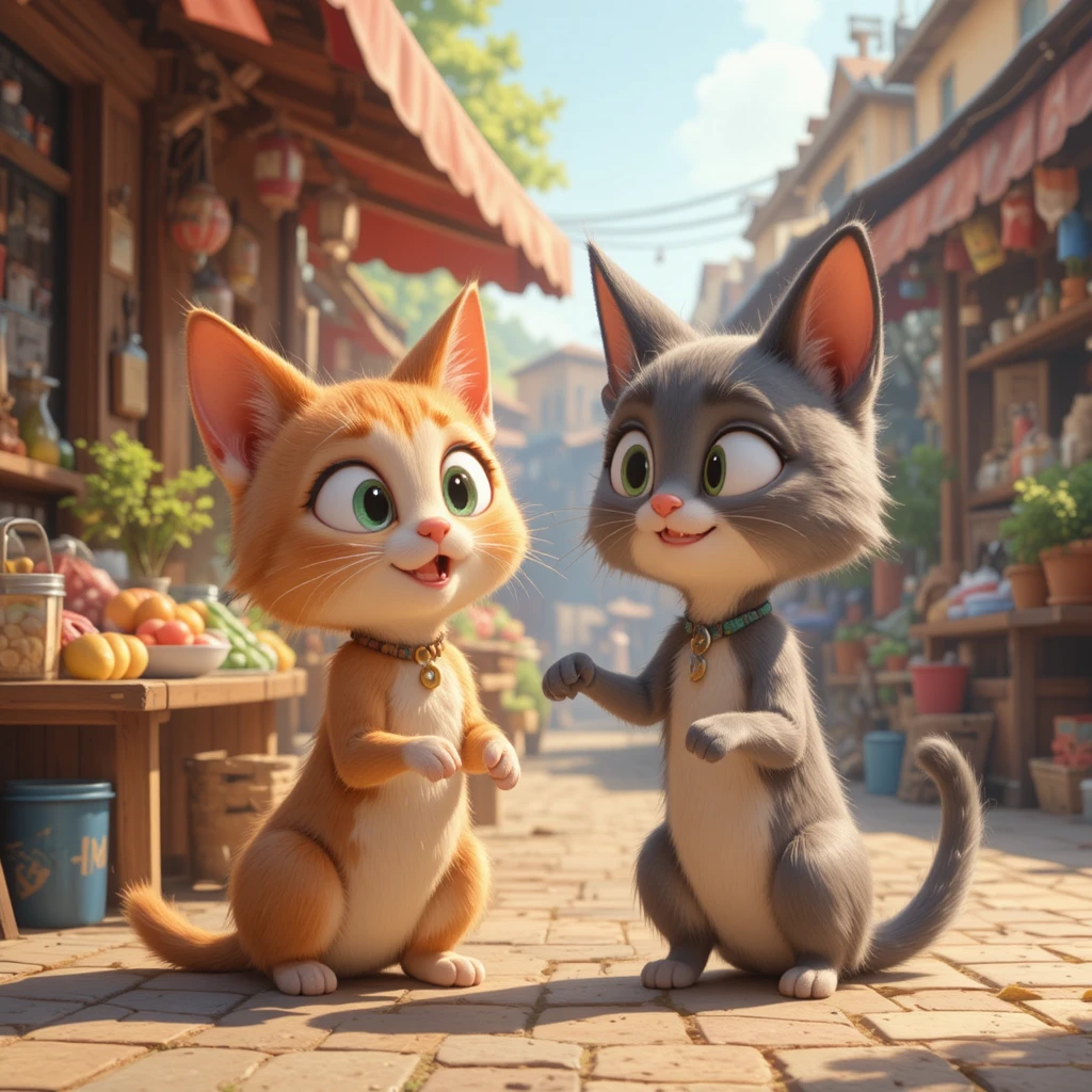 Pixar style cat family in a colorful morning street market