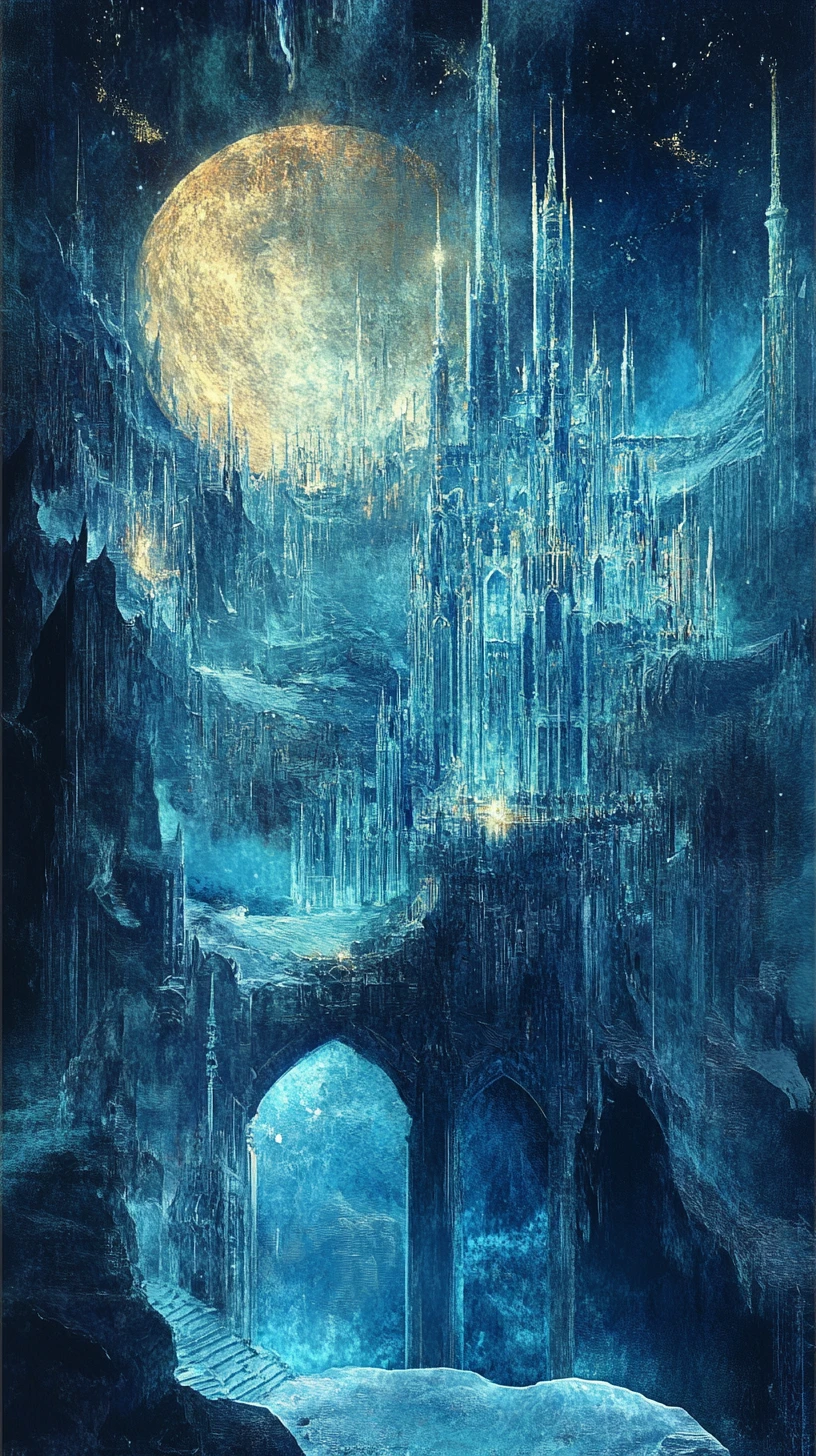 Whimsical fantasy town with a radiant ice palace