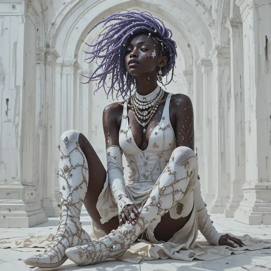 Abstract portrait of a woman in white architectural space
