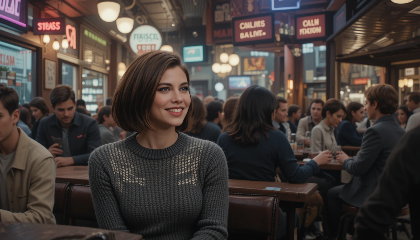 Woman smiling in a crowded cafe with dramatic lighting