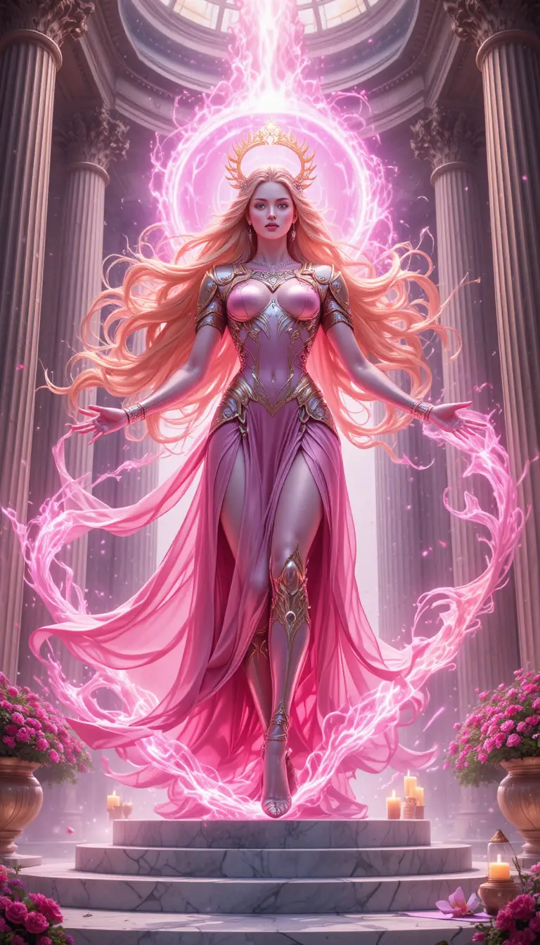 Anime goddess warrior glowing with pink aura in temple